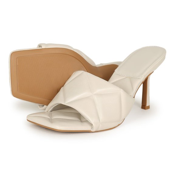 Bamboo Square Toe Padded Quilted Vegan Leather Open Toe Mule Heel - White - Picture 5 of 6